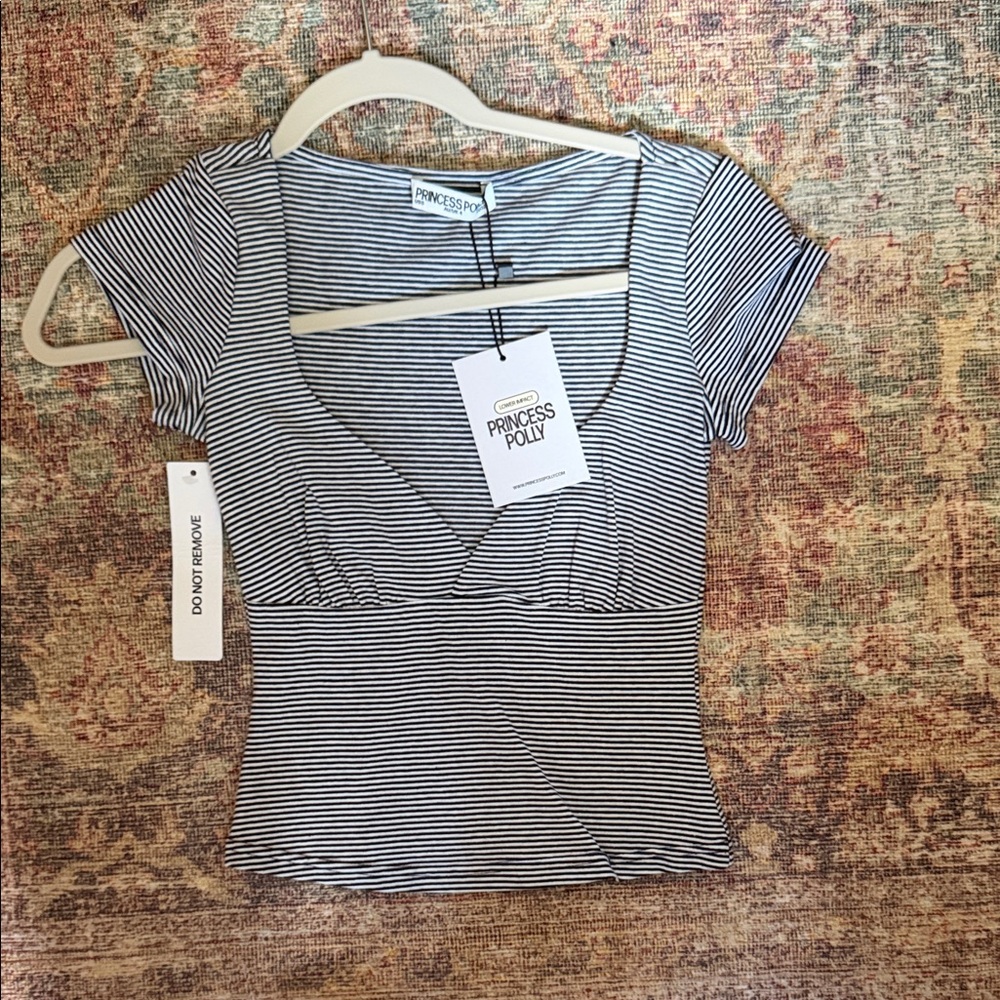 Princess Polly Navy and White Striped Short Sleeve Top